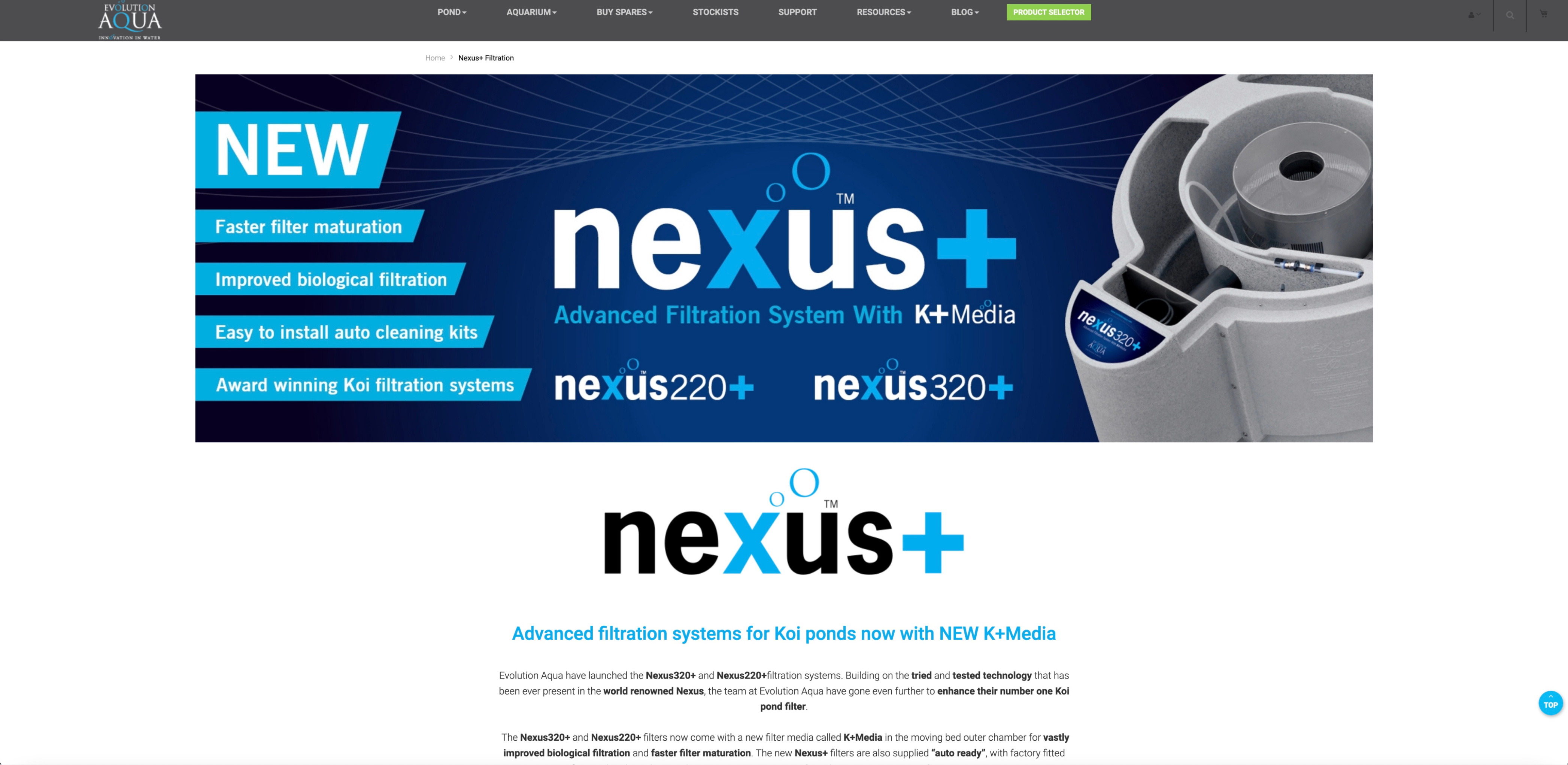 Evolution Aqua website - Nexus page